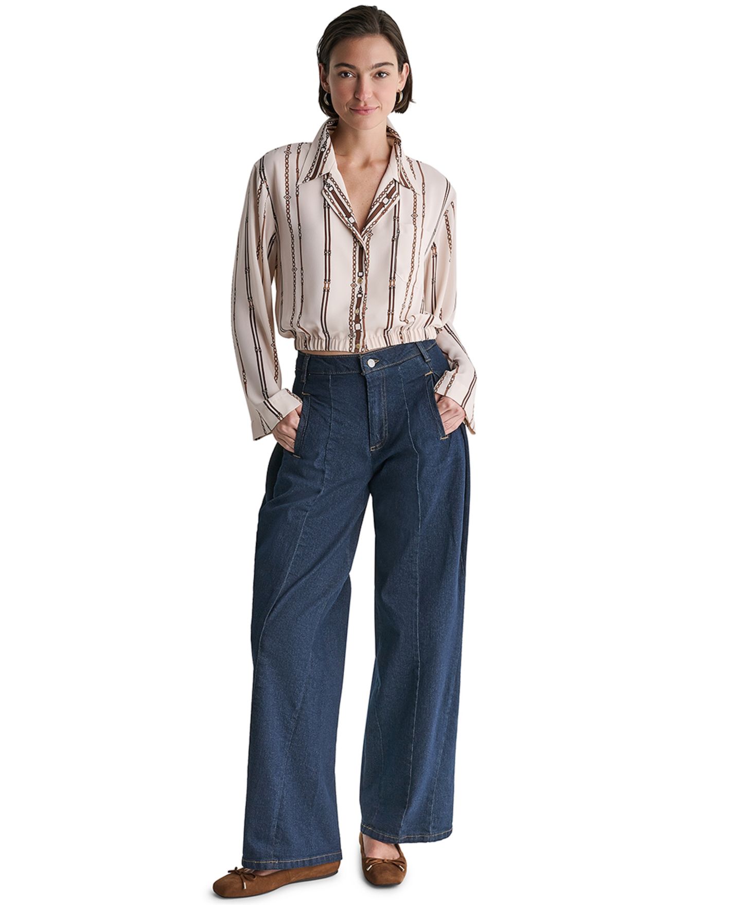 Женский топ BCBG Collared Long-Sleeve Crop Button-Up, цвет: Миндальный комбинированный — фото 2