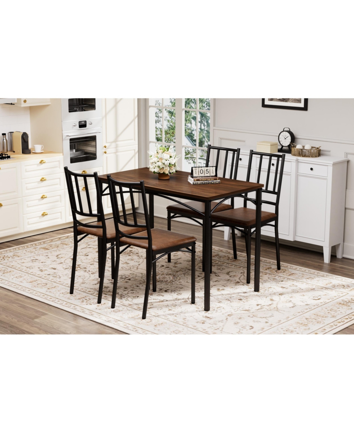 Flynama 4-Piece Industrial Dining Set, Table and 4 Pu Benches