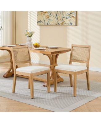 Set of 2 Farmhouse Cane Rattan Mid-Century Dining Chairs, Distressed Solid Hardwood Frame 300 LBS Capacity
