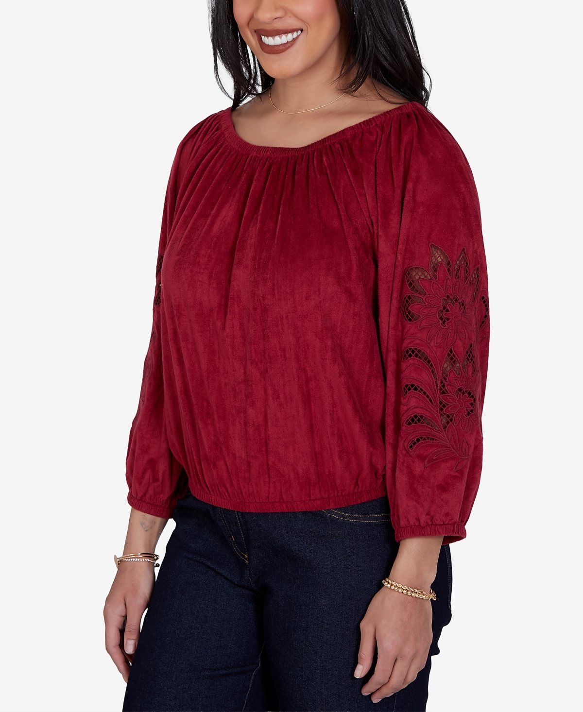 Ruby Rd. Petite Embroidered Scoop-Neck 3/4-Sleeve Blouse