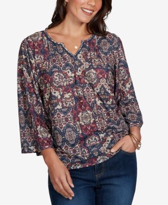 Petite Patchwork 3/4-Sleeve Henley Blouse
