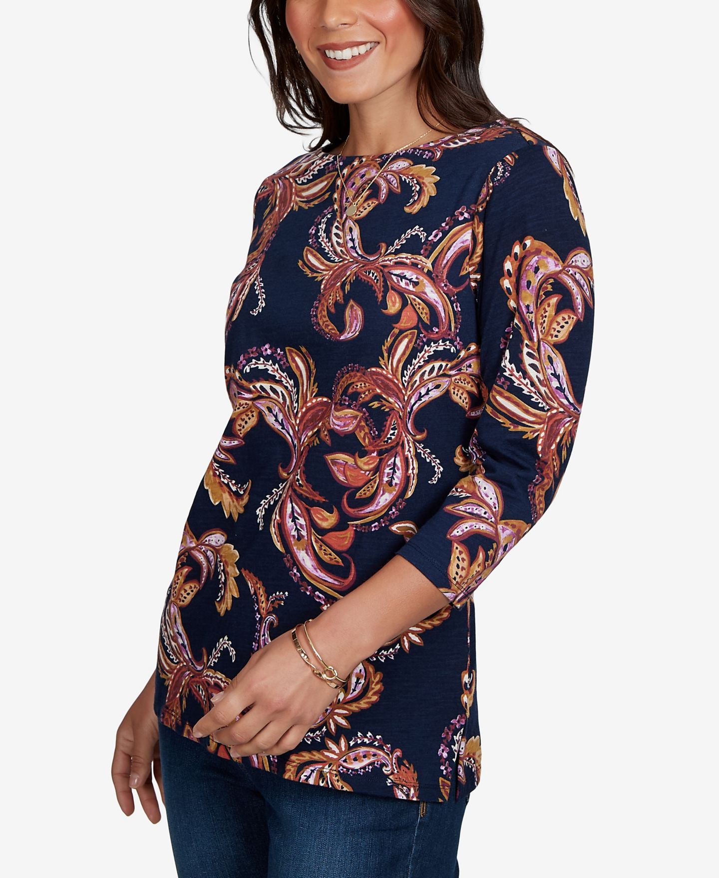 Женский топ Ruby Rd. Petite Paisley-Print Boat Neck 3/4-Sleeve, цвет: Тёмно-синий разноцветный — фото 2