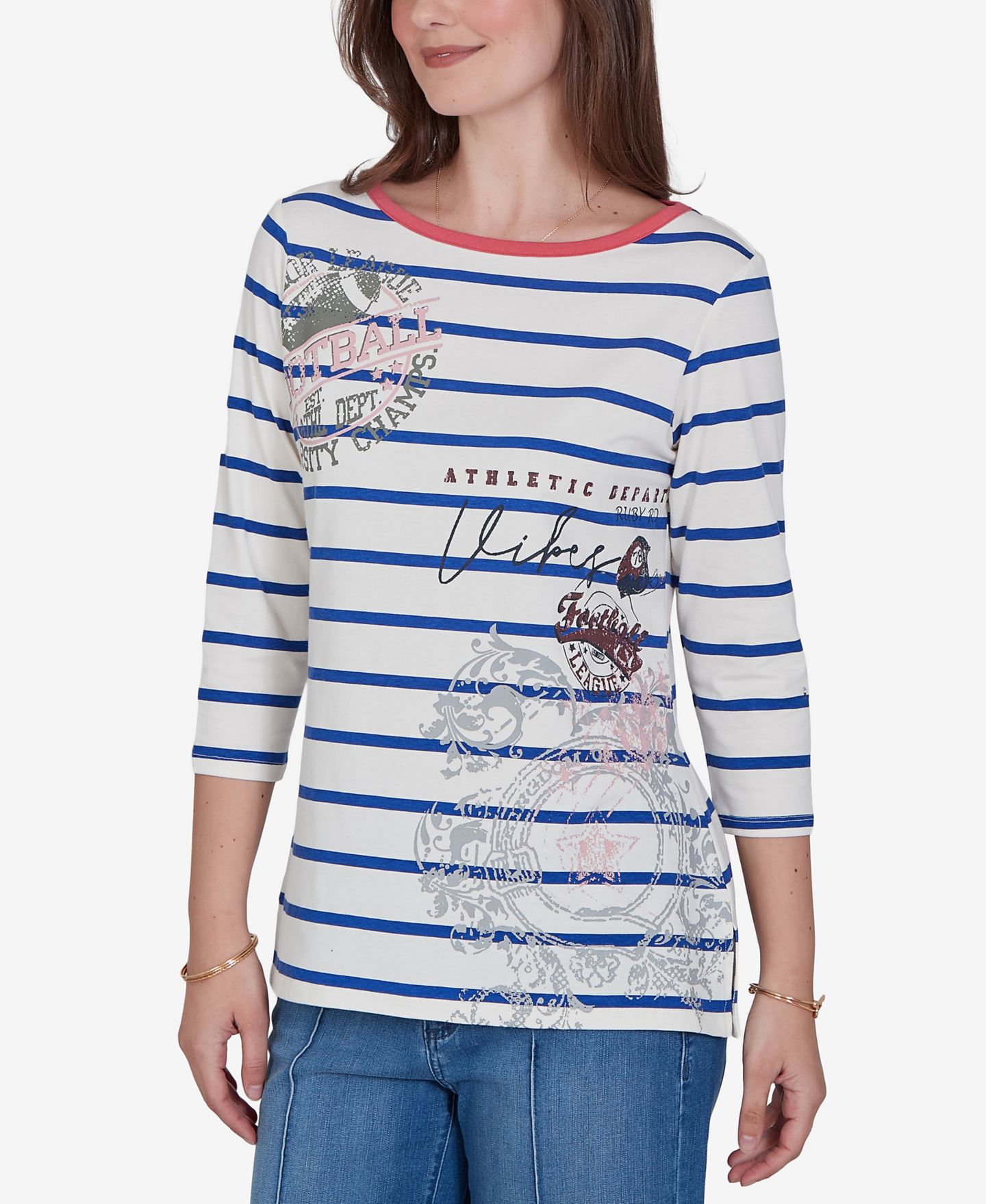 Женская футболка Ruby Rd. Petite Varsity Striped 3/4-Sleeve Boat-Neck, цвет: Тёмно-синий разноцветный — фото 2
