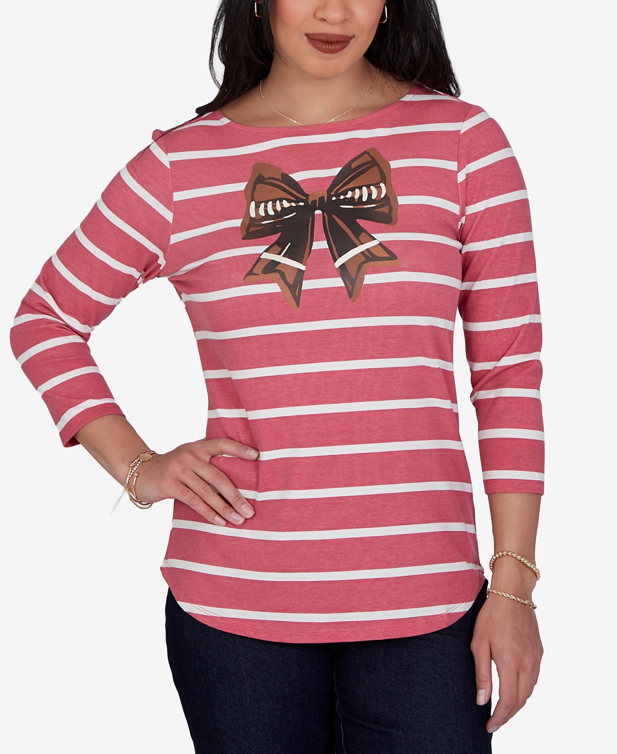 Ruby Rd. Petite 3/4-sleeve Boat-neck Curved-hem T-shirt In Rose Multi