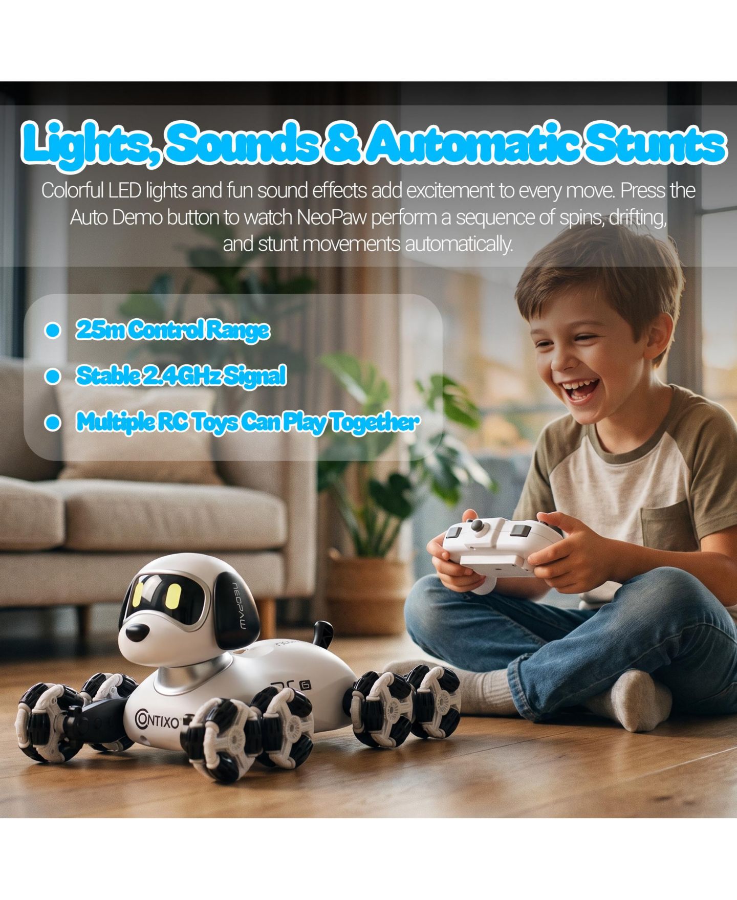 Детская игрушка Contixo RC6 NeoPaw 8-Wheel LED RC Robot Dog with Sounds, цвет: Белый / Чёрный — фото 10
