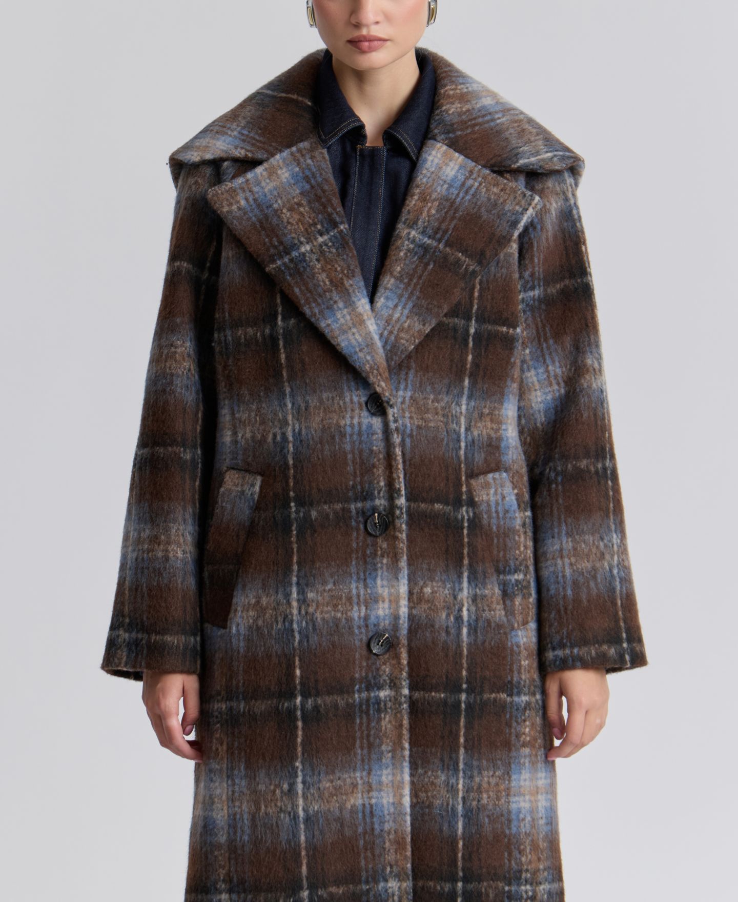 Женское пальто Avec Les Filles Plaid Notch-Collar Maxi, цвет: Коричневый синий клетчатый — фото 4