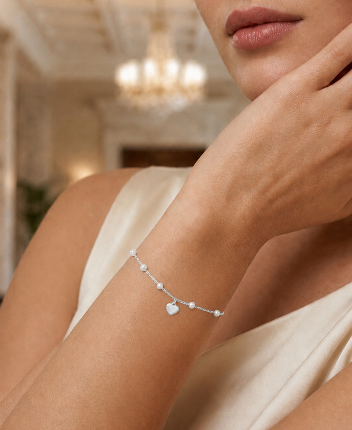 Macy's Rhodium Over Sterling Silver Cultured Pearl Station Bracelet