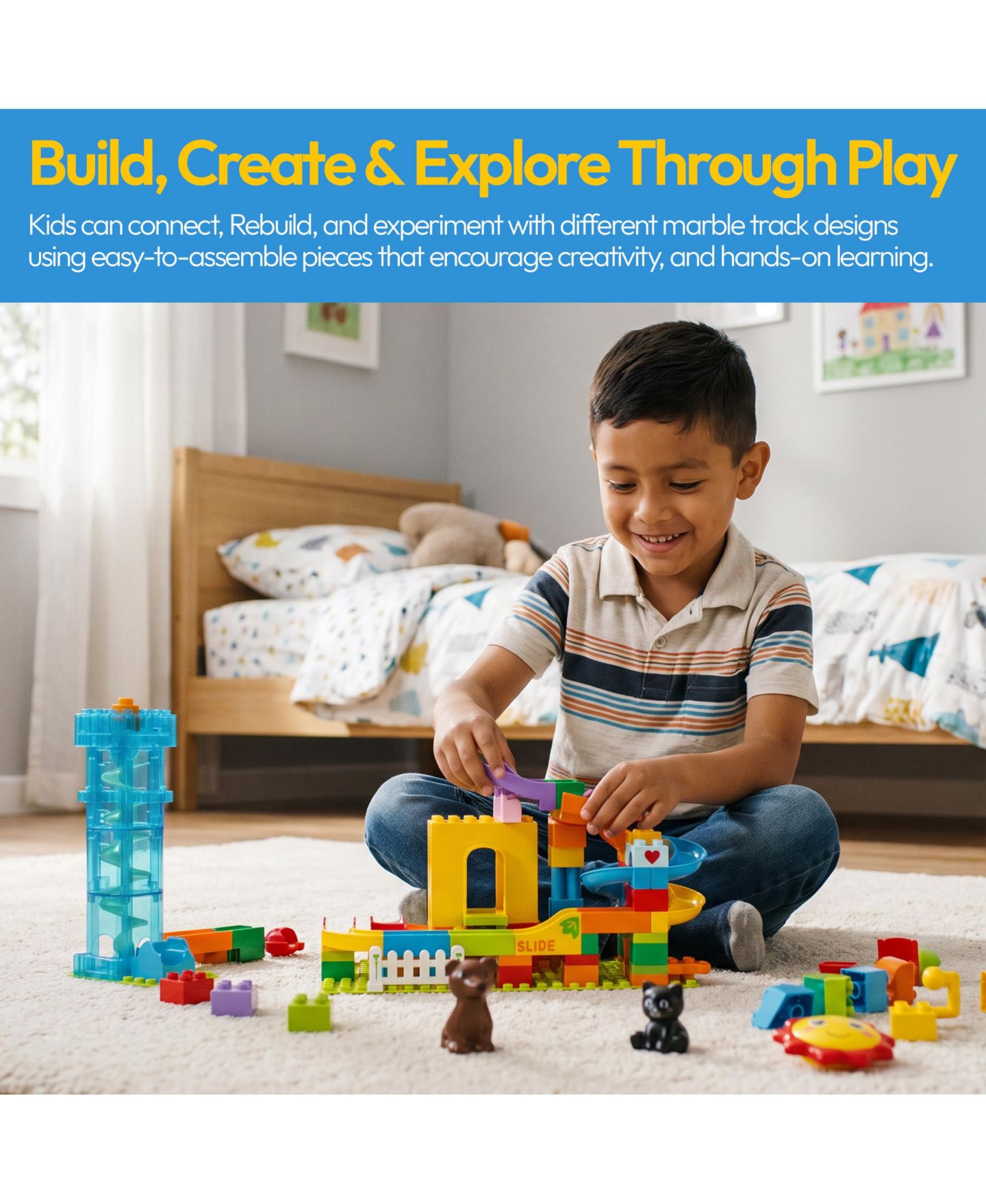 Детский конструктор Contixo MK1 Marble Track Building Set, 118-Piece Stem Toy with Elevator Lift, Rabbit House Scene and Multi-Lane Marble Run, Ages 3+, цвет: Разноцветный — фото 4