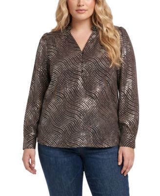 Plus Size Metallic-Print V-Neck Long-Sleeve Blouse