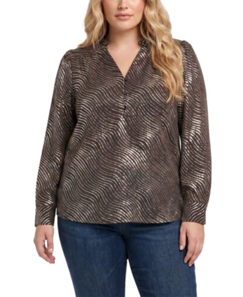 Женская блузка NY Collection Plus Size Metallic-Print V-Neck Long-Sleeve, цвет: Коричневый серебряный
