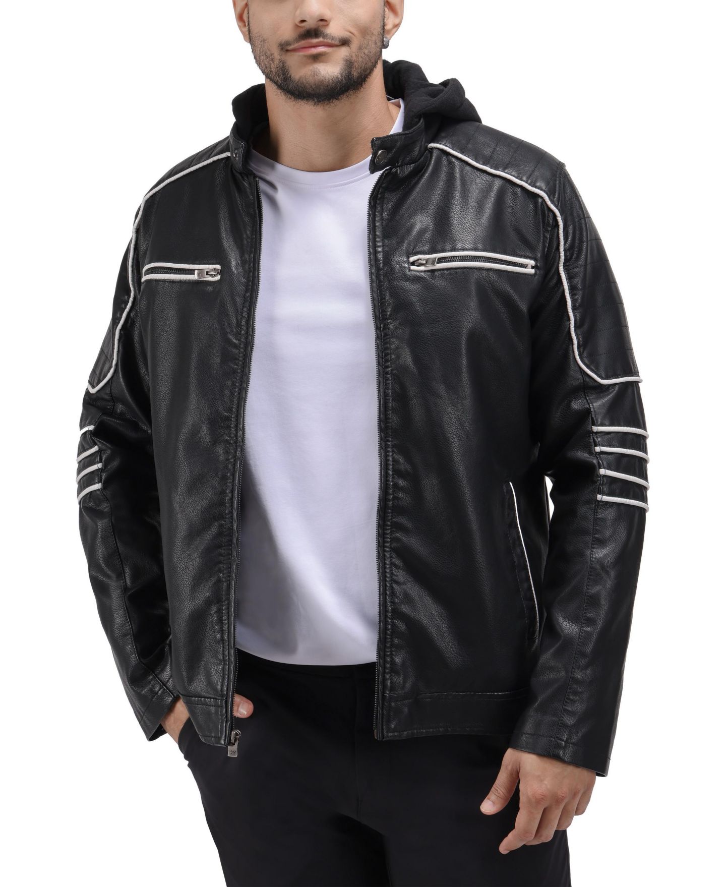 Мужская куртка X-Ray Grainy PU Moto With Hood and Faux Shearling Lining, цвет: Чёрный / Белый — фото 6