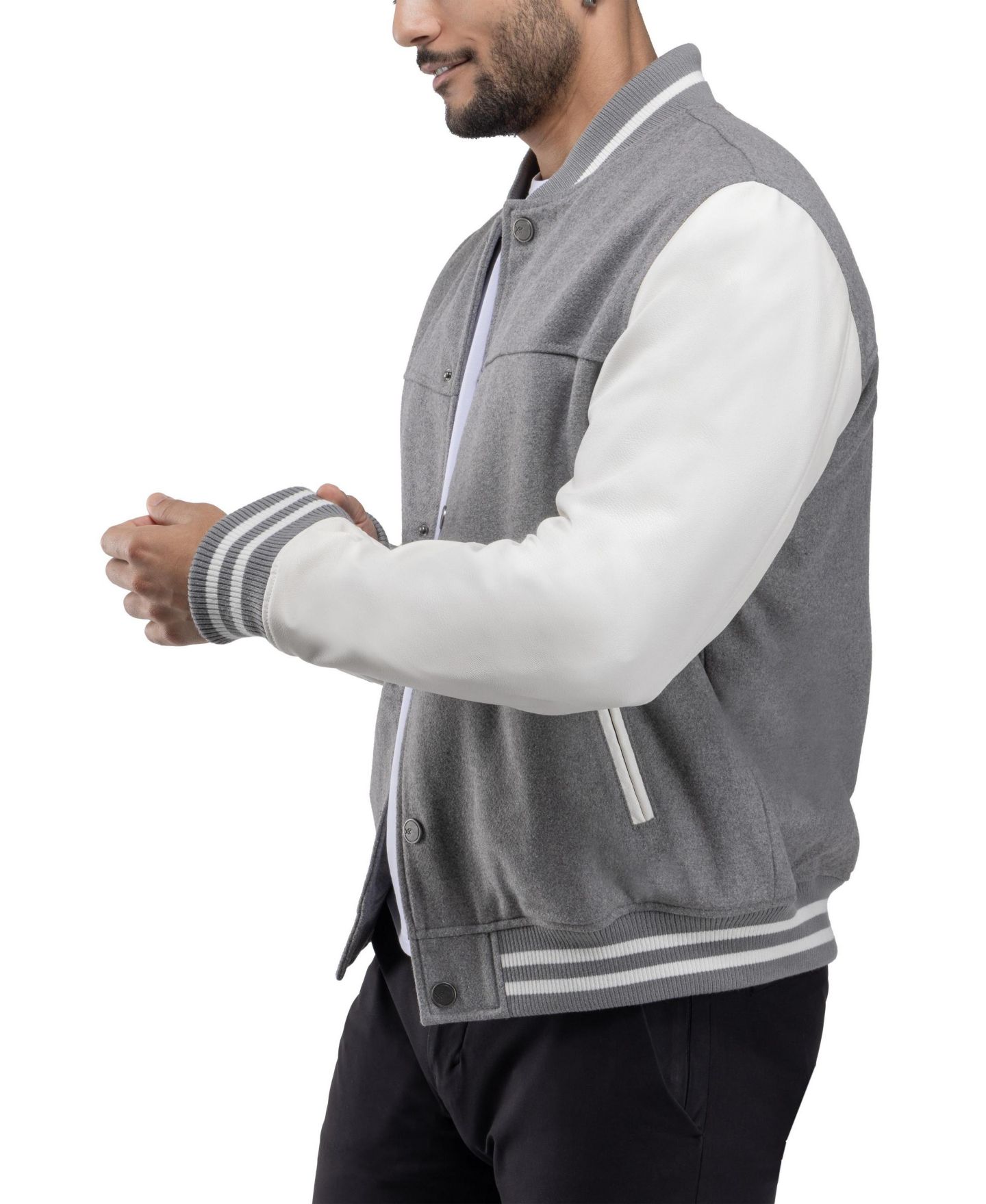Мужская куртка X-Ray Wool Varsity Bomber With PU Sleeves, цвет: Серый / Белый — фото 6