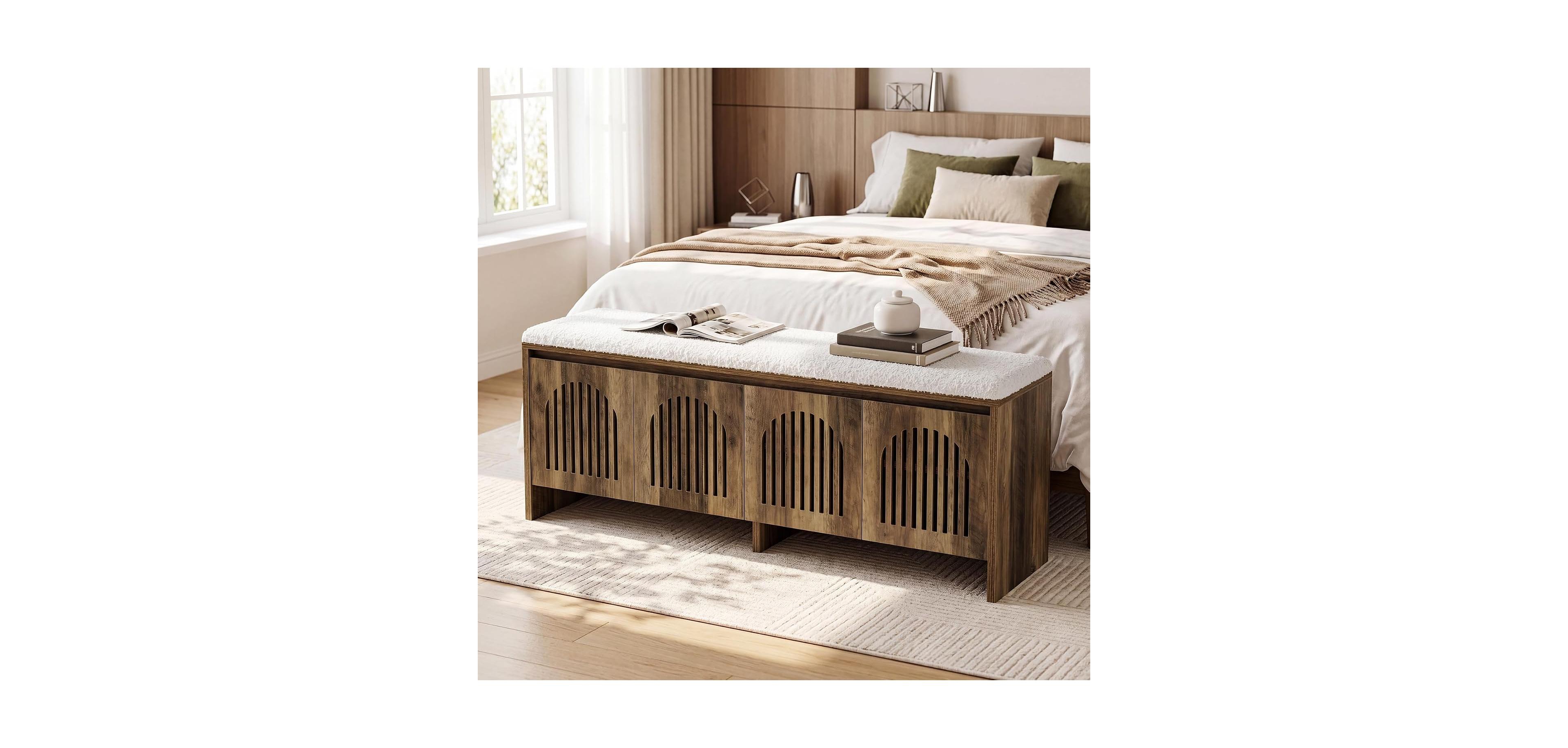 Tribesigns 55.1" Shoe Storage Bench with 4 Doors, 2-Tier Entryway Bench with Padded Seat Cushion