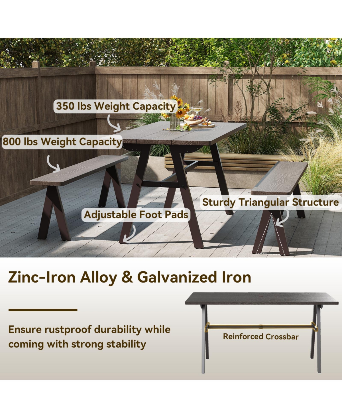 Gymax 3 Pieces Outdoor Picnic Table and Benches Set for 6 People 1.93'' Umbrella Hole