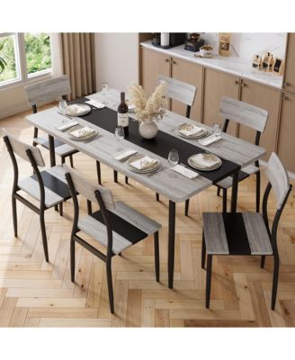 Dining Table Set for 6, 7-Piece Kitchen Set with Metal Frame and MDF Board, Two-Tone Splicing Desktop, for Apartment, Kitchen, Dining Room