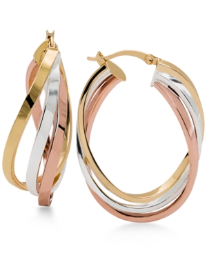 image of Tri-Tone Twisted Hoop Earrings in Sterling Silver, 14k Gold-Plate and 14k Rose Gold-Plate