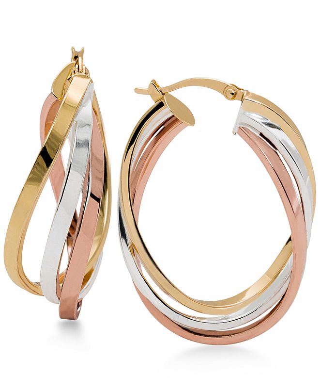 Macy's TriTone Twisted Hoop Earrings in Sterling Silver, 14k Gold