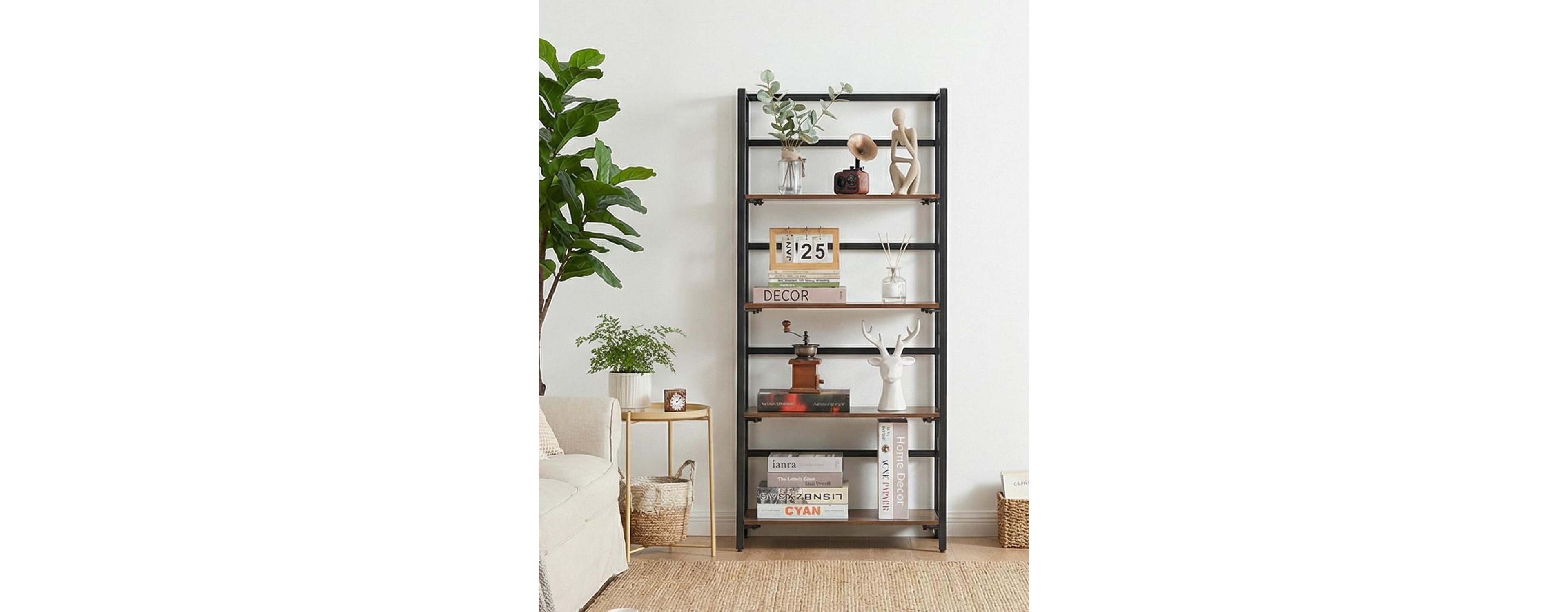 4-Tier No-Assembly Folding Bookshelf, Vintage Brown Standing Storage Rack for Home Office