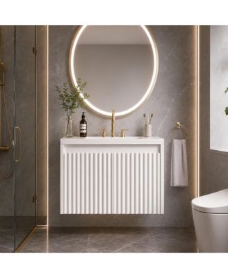 Wall Mounted Vanity with Sink 24 Inch Wood Fluted 2 Door Bathroom Cabinet 4" 3 Hole Ceramic Sink for Small Modern Bathroom