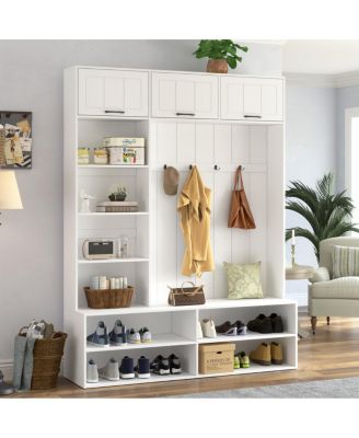 76.9" Farmhouse Hall Tree with Bench, Shoe Storage and 4 Hooks