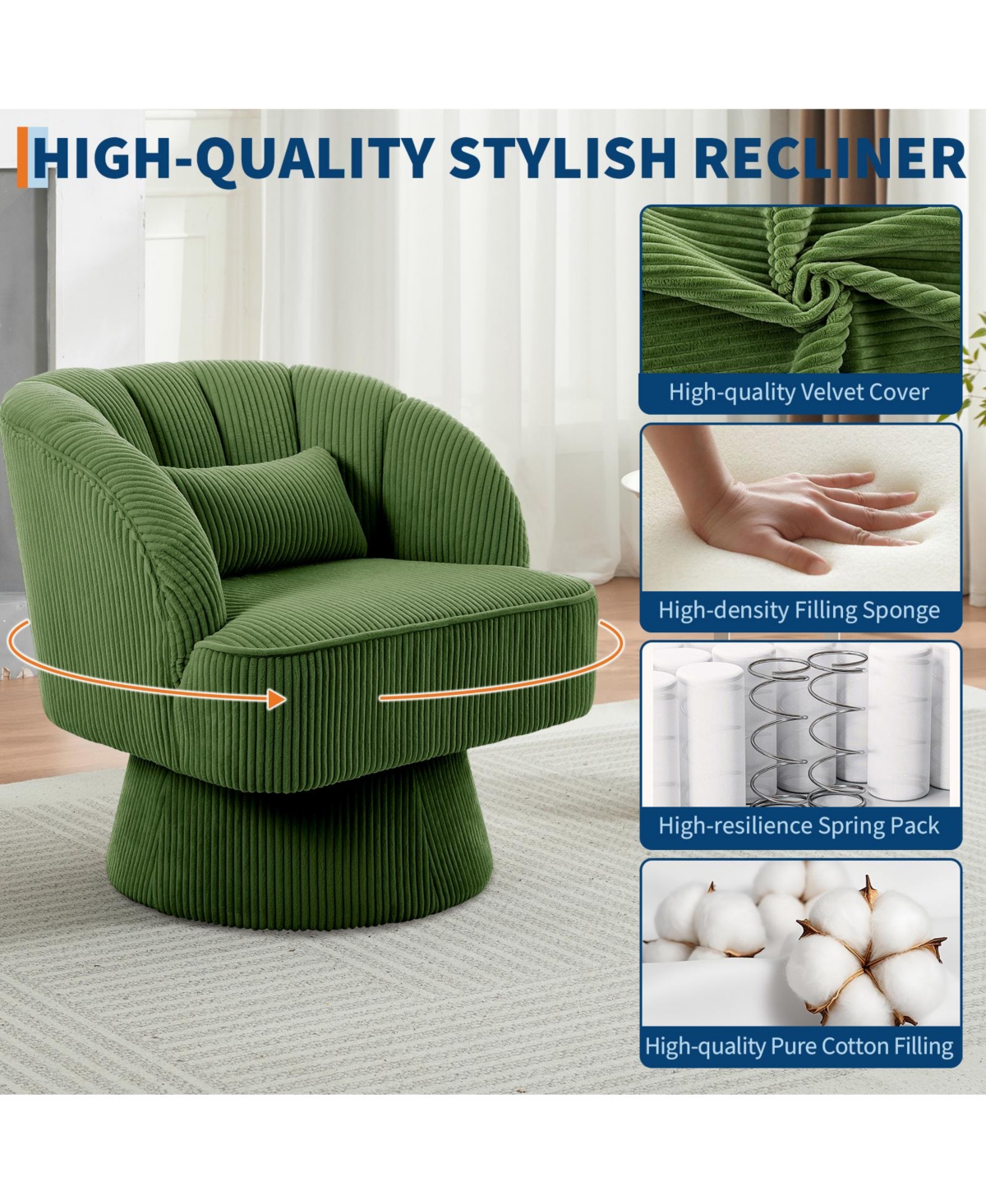 Swivel Barrel Accent Chair, 360 Degree Upholstered Armchair, Comfy Lounge Reading Chair for Living Room Bedroom Reading Nook, Green Corduroy