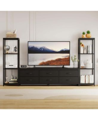 Large TV Stand with Drawers and Bookshelves Entertainment Center Storage Media Console for TVs Up to 75 Inches Wall Unit Cabinet Living Room Black