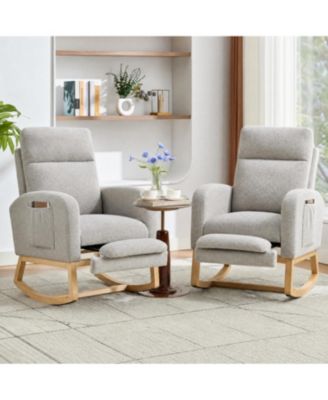 Rocking Chair Set of 2 Soft Fabric with Adjustable Footrest High Back Solid Wood Legs Dual Side Pockets for Living Room Nursery Dining Light Gray