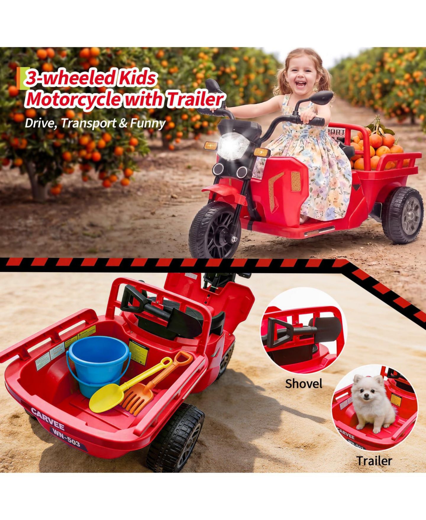 Детская игрушка homfan 12V Kids Electric Motorcycle 3-Wheel Ride-On Tractor with Trailer, 2x55W Motor, Bluetooth Music, Ages 3-8 — фото 4