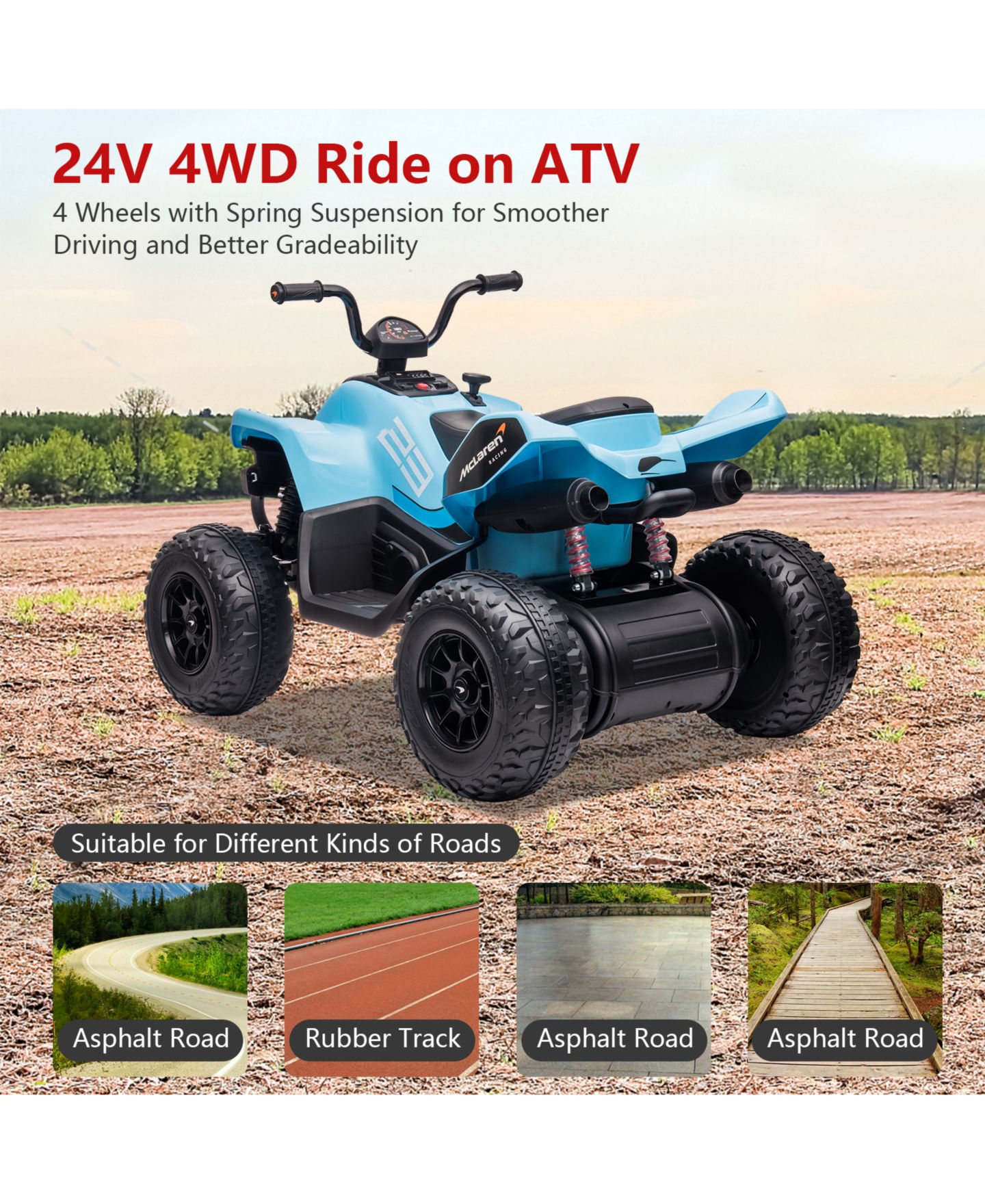 Детская игрушка homfan 24V 4WD Kids Ride On ATV 4 Wheeler Quad Car with LED Lights, 2 Speed, 66 lb Capacity, 3–8 лет — фото 6
