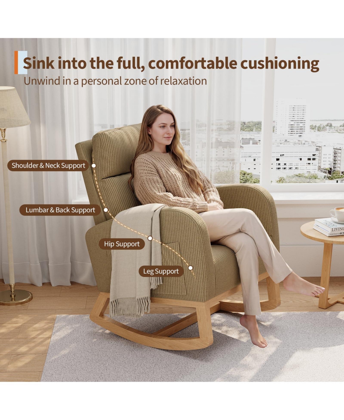 Rocking Chair Modern Upholstered Glider with Side Pockets and Pillow Ergonomic Accent Nursery Chair for Living Room Bedroom Lounge