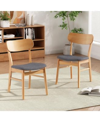 Set of 2 Dark Fabric Dining Chairs, Natural Oak Finish Solid Rubberwood Leg Minimalist Side Chairs