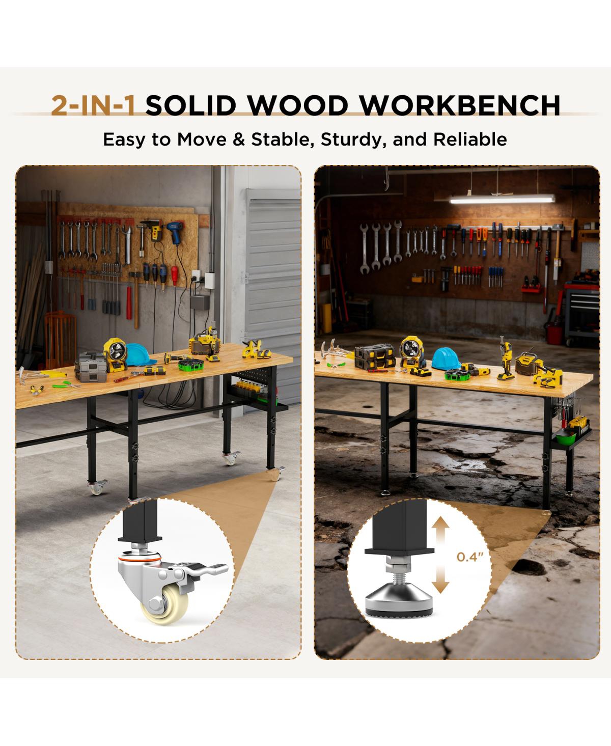 Streamdale Furniture 96" Adjustable Solid Wood Workbench with Power Outlet and Pegboard