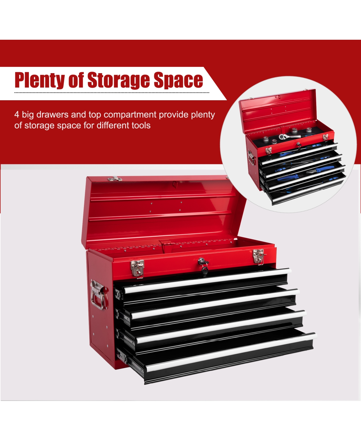 Streamdale Furniture 21-Inch Heavy Duty 4-Drawer Portable Metal Tool Box with Ball Bearing Slides