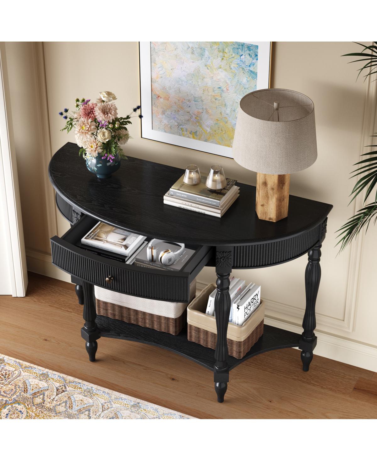 Streamdale Furniture Solid Wood Half Moon Console Table with Drawer and Shelf,