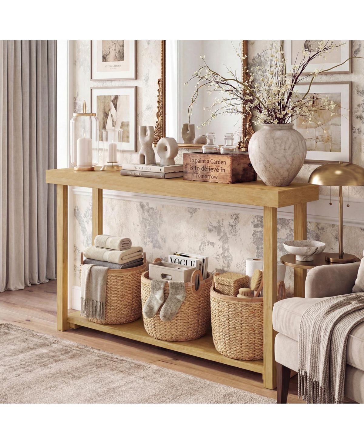 Slickblue 2-Tier Narrow Console Table 46" Solid Wood Farmhouse Style