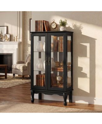 Lighted 3-Tier Glass Curio Cabinet with Adjustable Shelves and Mirrored Back