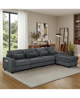 L-Shaped Corduroy Modular Sectional Sofa with Storage and Cup Holders