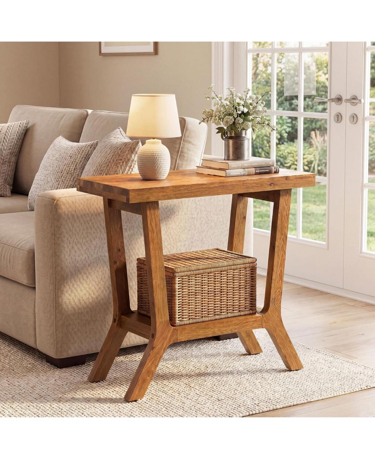 Tribesigns Solid Wood Side Table for Living Room, Small Wooden End Table with 2-Tier Storage - Brown