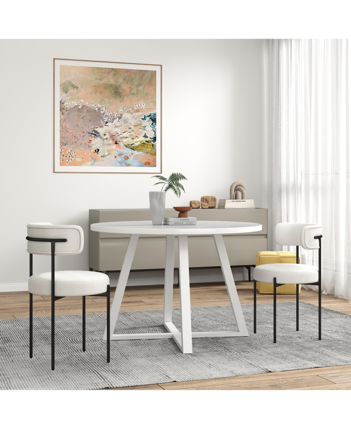 Flynama 3-Piece Round Dining Set, Trestle Base Table and 2 Boucle Fabric Chairs