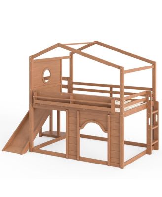  Full Size House Loft Bed with Slide, Wardrobe and Bookshelves