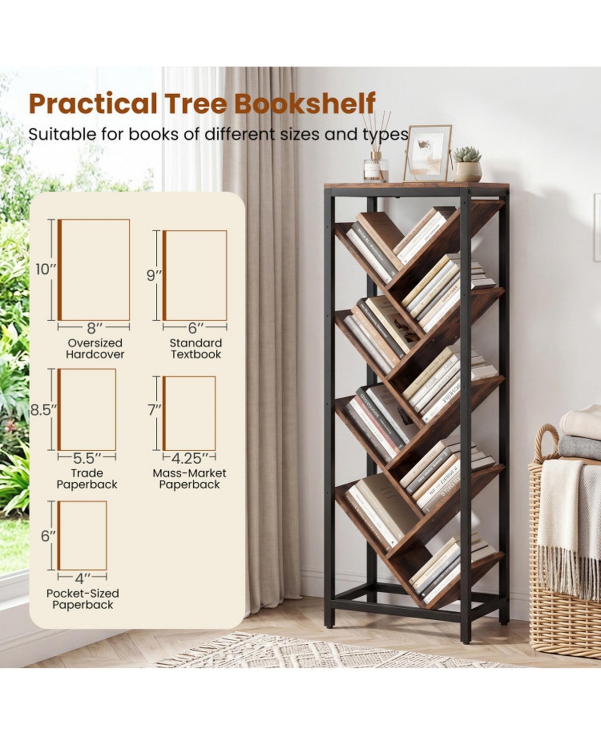 Sugift 9-Tier Tree-Shaped Bookcase with Metal Frame for Hardcover Books