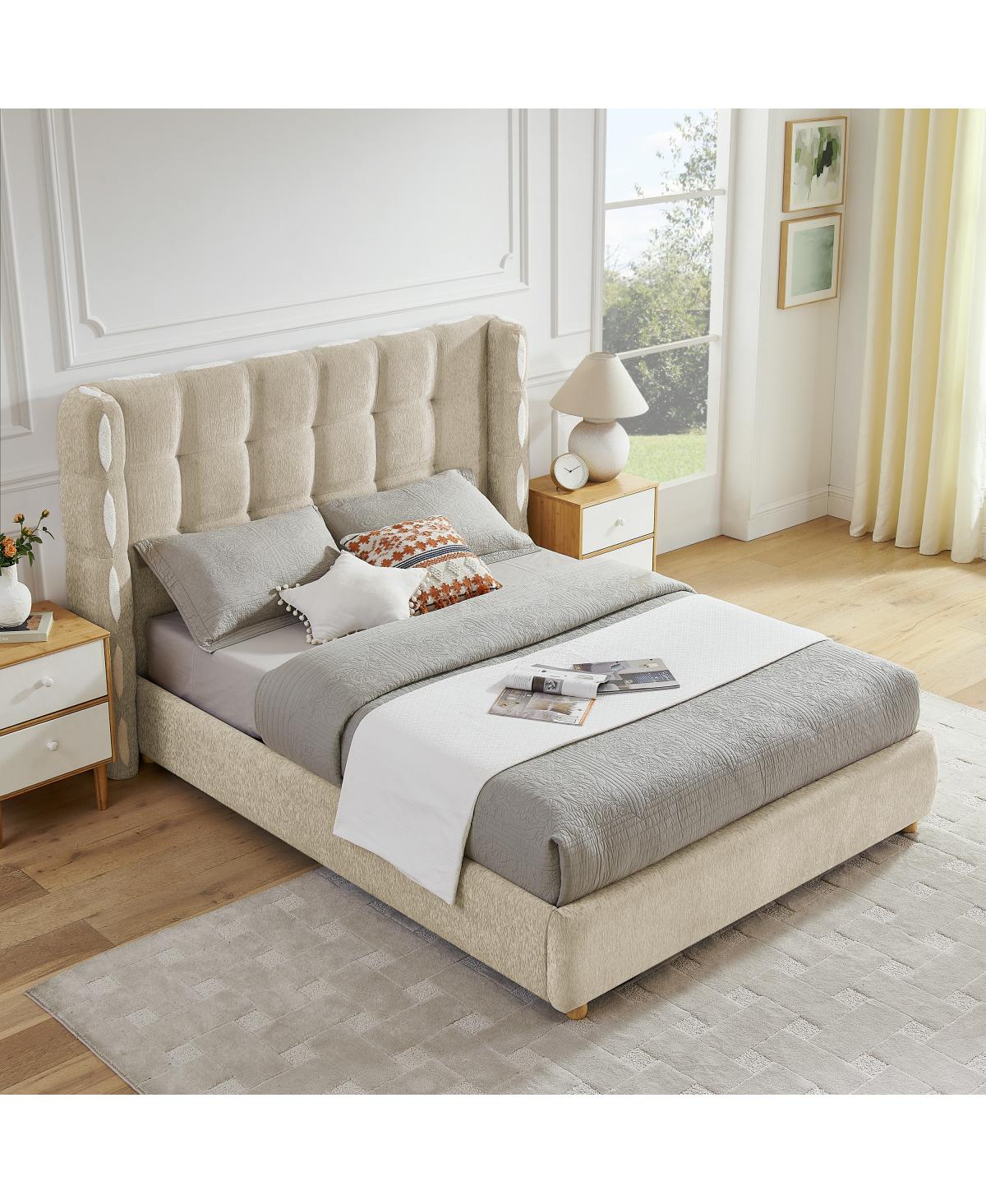 Streamdale Furniture Queen Size Removable Chenille Wingback Waffle Storage Bed
