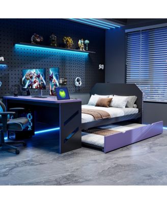 Full Size Wood Daybed with Twin Size Trundle,Desk and USB