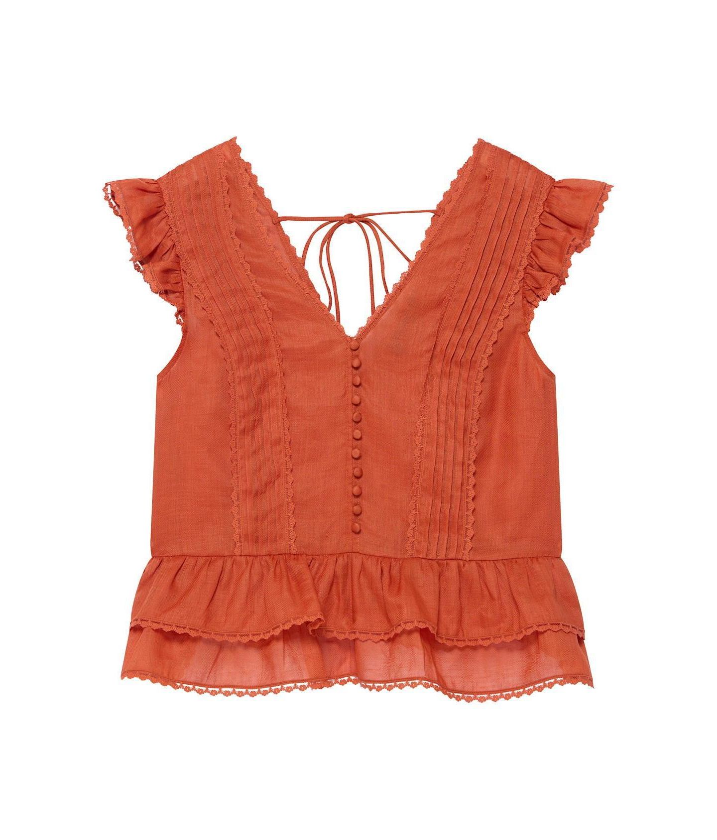 Женская блузка Mint Velvet V-Neck Ruffle Sleeveless Ramie, цвет: Оранжевый — фото 3