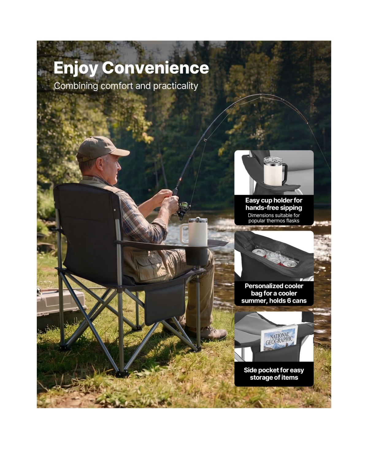 Mountaintop Oversized Camping Chairs 2 Pack, 450lbs Heavy Duty Folding Chairs, Padded Backrest, Armrests, Cup Holder and Cooler Bag