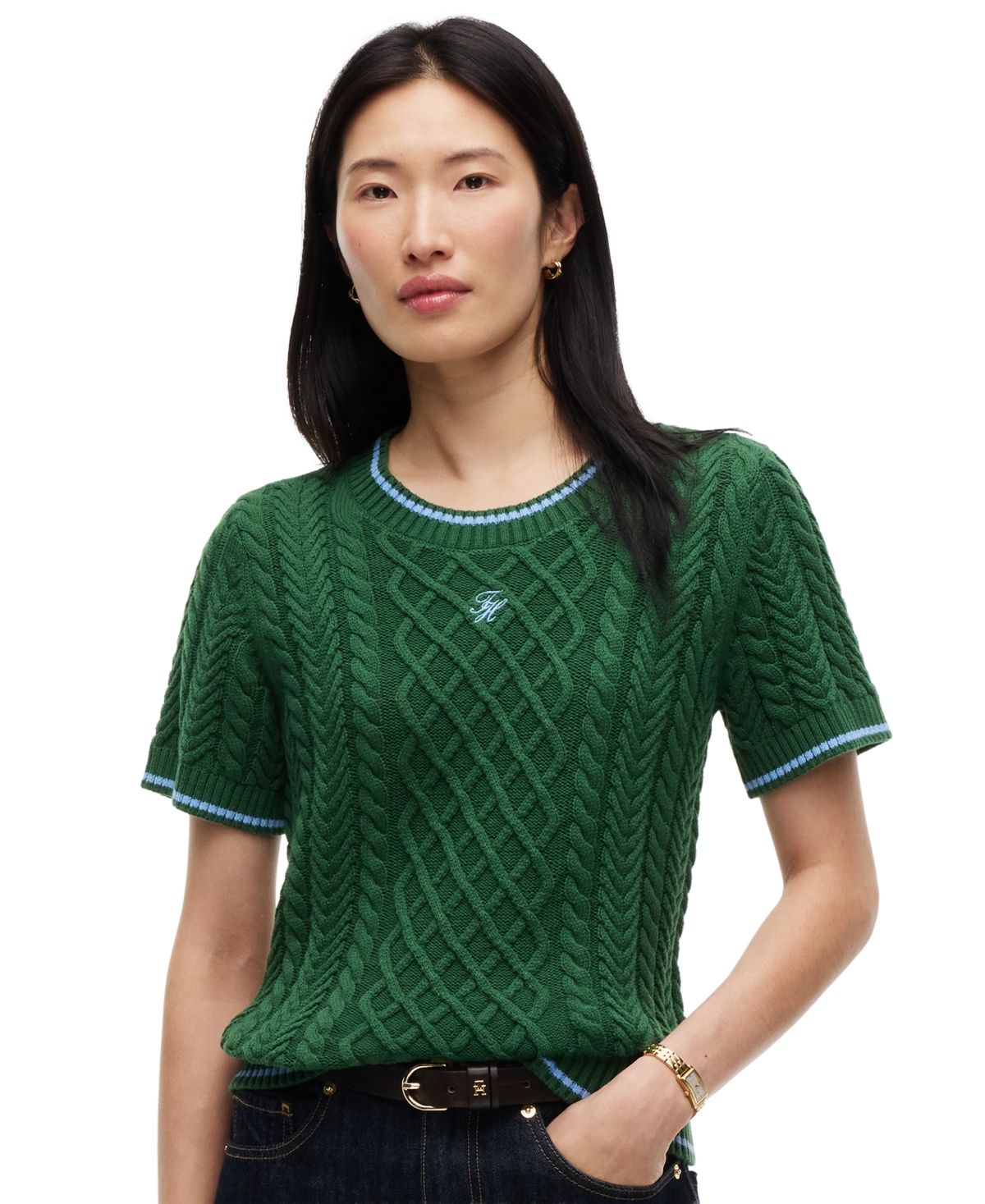 Tommy Hilfiger Women's Heritage Cable-knit Short-sleeve Sweater In Green
