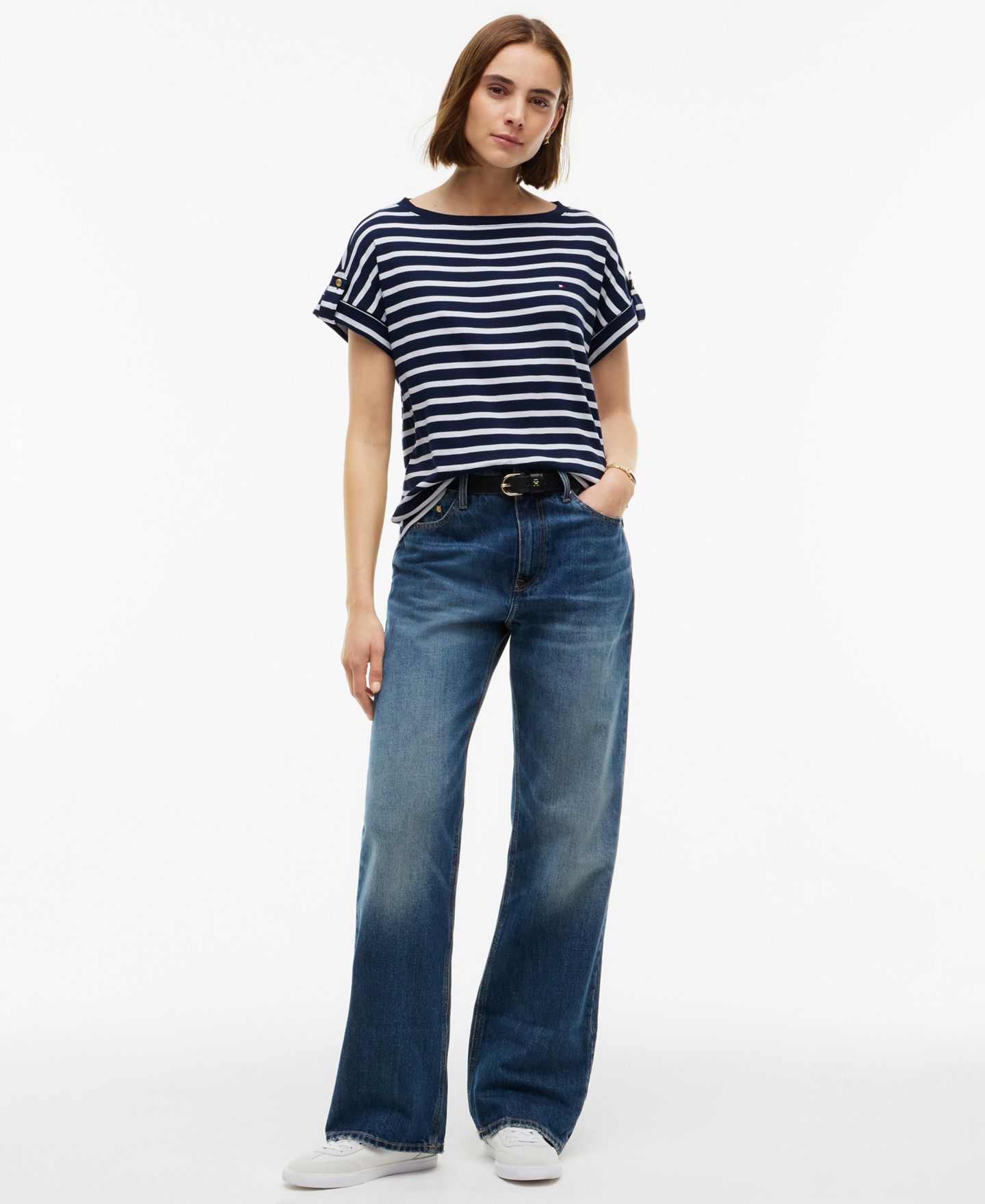 Женская футболка Tommy Hilfiger Breton-Stripe Boat-Neck Gold-Tone Button, цвет: Тёмный синий экрю — фото 2