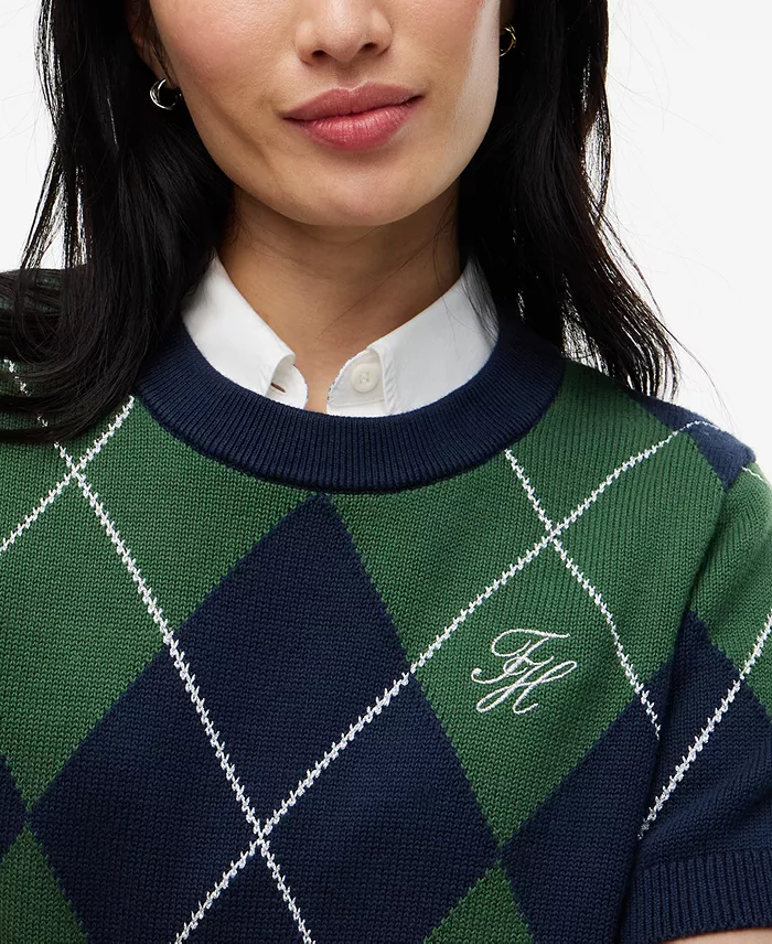 Women's Tartan Argyle Short-Sleeve Sweater - thumbnail 3