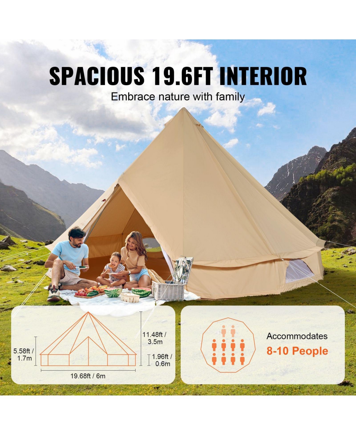 MOUNTAINTOPCanvas Bell Tent, 6m/19.68feet 4-Season Yurt Tent, Stove Jack, Breathable Fabric, Holds Up To 10 People for Camping and Hunting