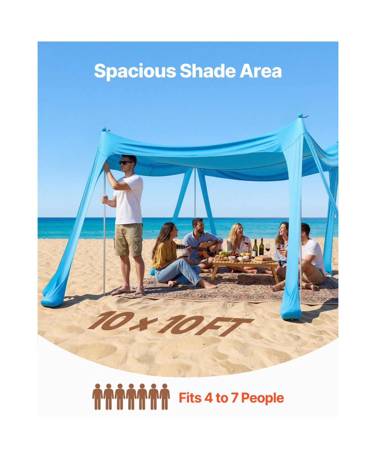 Mountaintop Beach Tent Sun Shelter, UPF50+ Blue Pop-Up Canopy,10x10feet, Sandbags, Poles and Shovels for Outdoor Family Camping Fishing